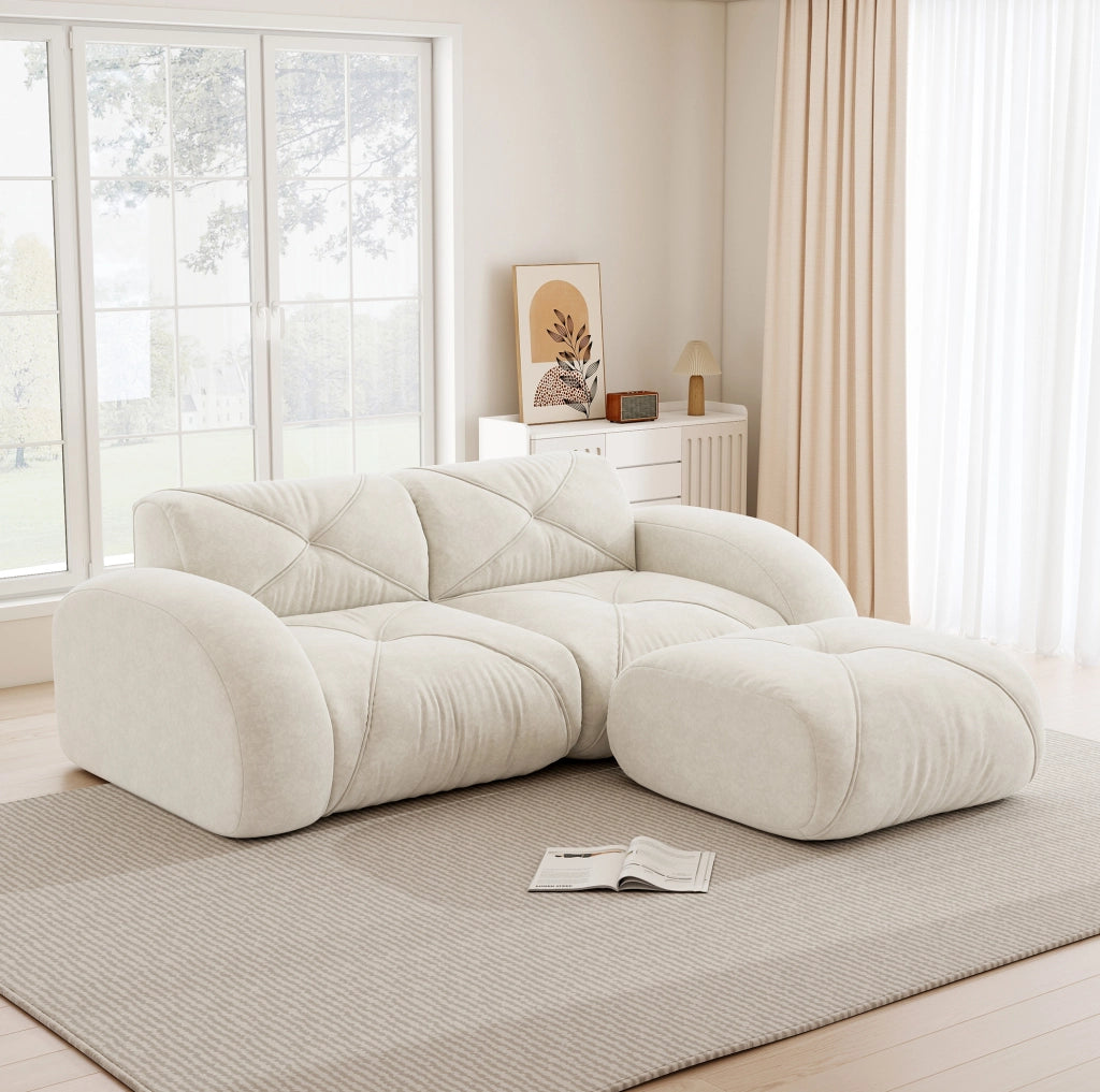 Divano modulare 204x171x76 cm in chenille beige chiaro; design basso e imbottitura in schiuma 32D