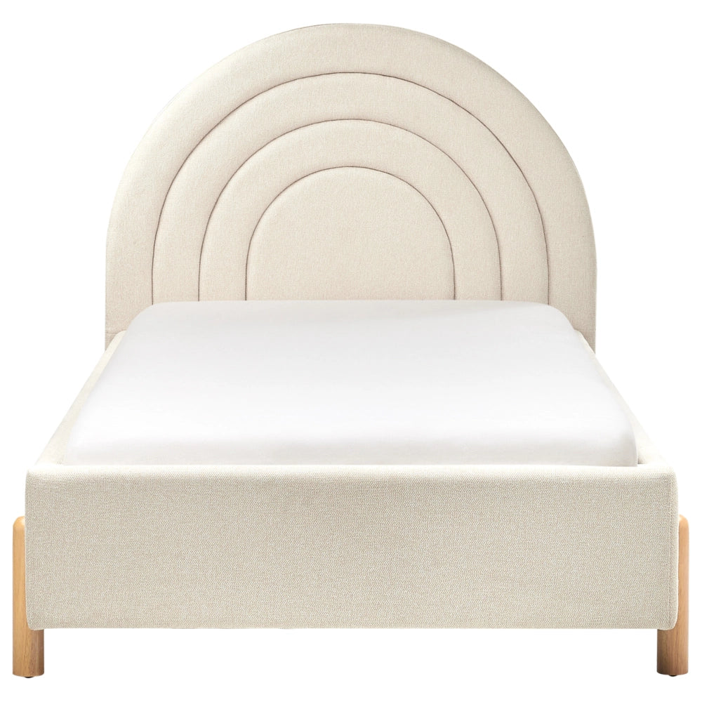 Letto singolo con testiera rotonda in tessuto beige chiaro con Base a doghe Gambe in legno con Testiera a Mezza Luna