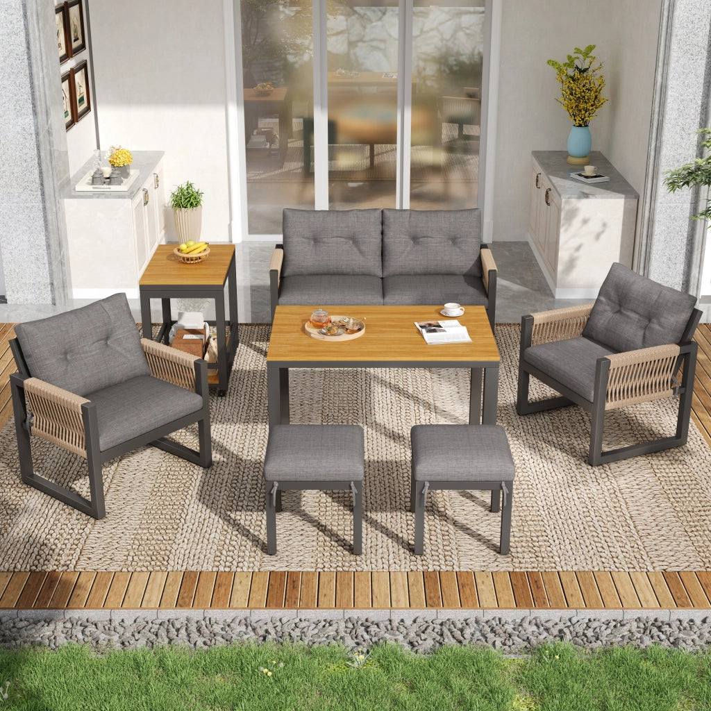 Salotto da Giardino con 1 Divano 2 Posti; 2 Poltrone e 1 Tavolo Rimovibile; per Terrazza; Ferro; Poliestere e Legno Plastico; Grigio e Naturale