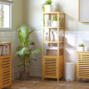 Mobile bagno in bambù con 3 ripiani aperti e vano chiuso, colore naturale, 36x33x140 cm