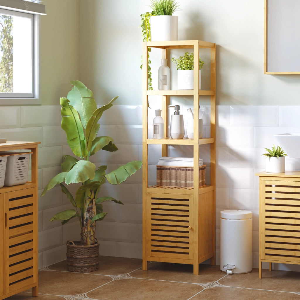 Mobile bagno in bambù con 3 ripiani aperti e vano chiuso, colore naturale, 36x33x140 cm