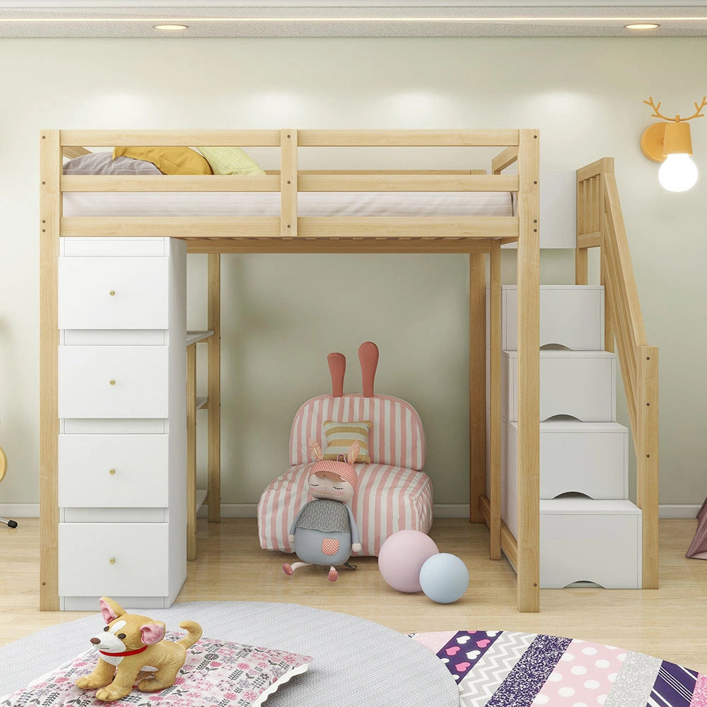 Letto a soppalco 140x200 cm - Xylo - Con cassetto e comodino, colore legno