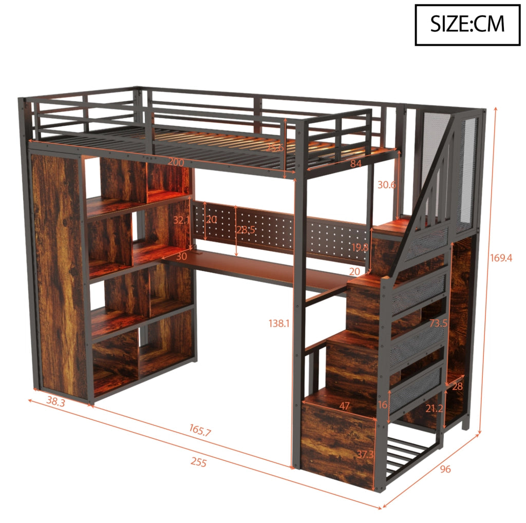 Letto a soppalco in metallo 90x200 cm con armadio, scrivania e LED multicolore, nero