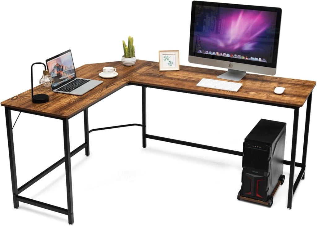 Scrivania Angolare Salvaspazio, Scrivania Porta PC a Forma di L con Porta CPU, Scrivania ad Angolo in Legno e Ferro per Studio e Ufficio, Portata 100 kg, 168 x 125 x 74 cm (Caffè)