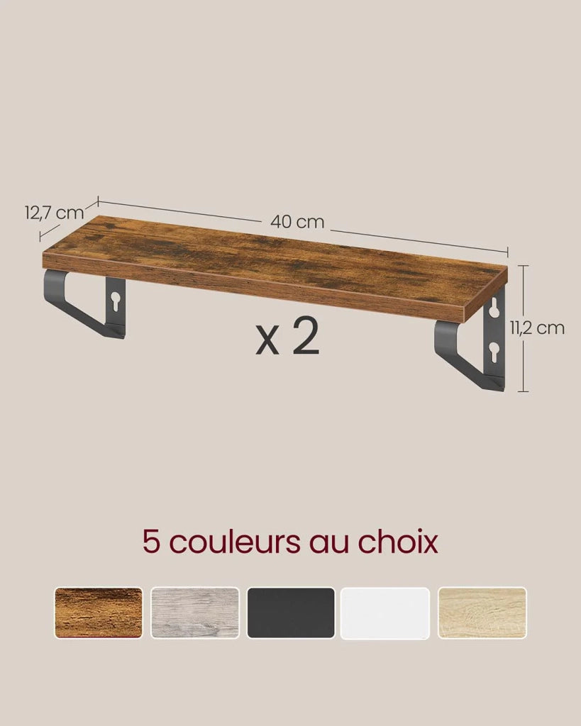 Mensola sospesa da parete set di 2 opzioni di montaggio 40 cm per soggiorno cucina ufficio bagno marrone rustico e nero opaco 12_0008006