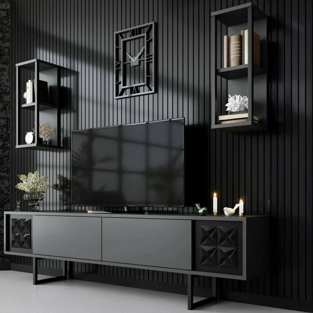 Mobile porta TV Axa, Credenza da soggiorno, Armadio basso per TV, Base parete attrezzata, 180x30h48 cm, Antracite e Nero