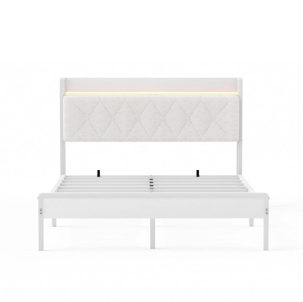 Letto imbottito 140x190 cm bianco con testiera LED, USB, contenitore e struttura in metallo