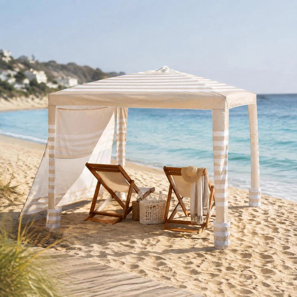Beach Cabana, 2.4 X 2.4 M Beach Canopy With Side Wall, UPF 50+ Sun Protection, Cabana With Sandbags, Height-adjustable & Portable Sunshade For The Whole Family And Friends