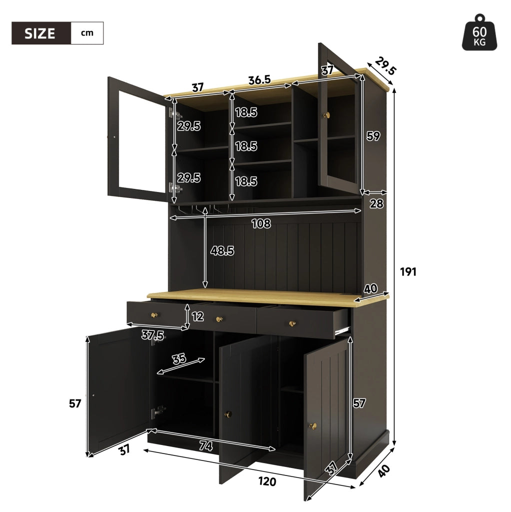 Credenza alta 120x40x191 cm con vetrine; portabicchieri e prese USB nera HOMVRA