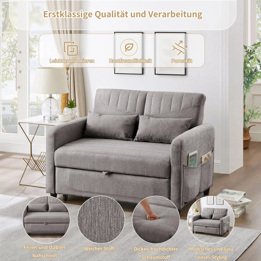 OKWISH Divano Letto 2 Posti, Schienale Regolabile in 3 Posizioni, Design Estraibile con 2 Cuscini, Tessuto Cotone Lino, Grigio