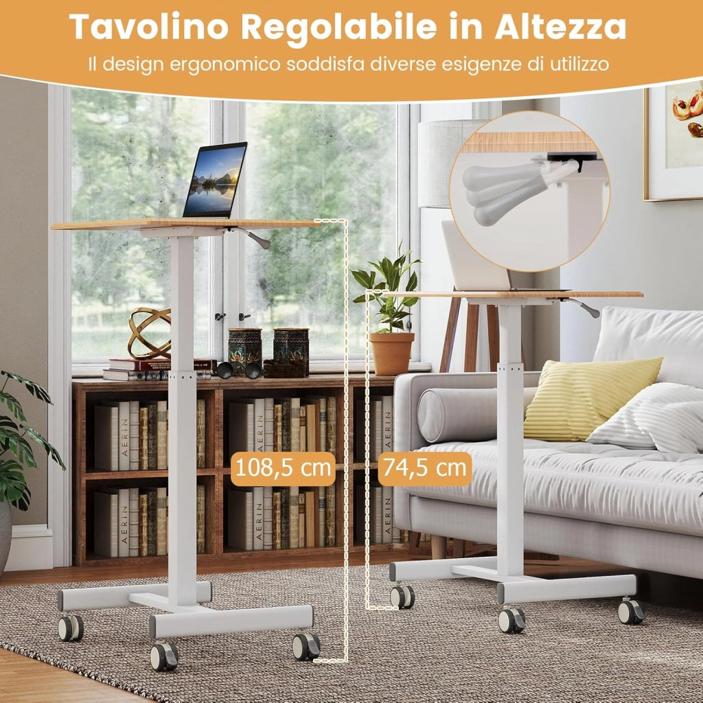 Tavolino da Divano e Letto con Ruote Bloccabili, Tavolino Porta PC Regolabile in Altezza con Pistone a Gas, Ruote Lisce, Base a Forma di H, Ideale per Lavorare e Mangiare