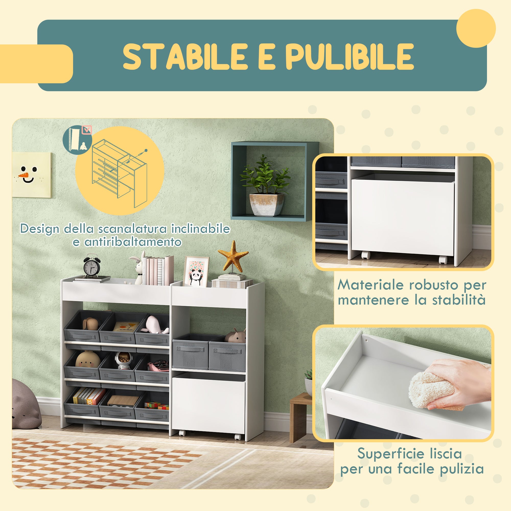 Mobile Portagiochi per Bambini 105x30x80 cm con 11 Cestini in Tessuto Armadietto e Ripiani in MDF Bianco