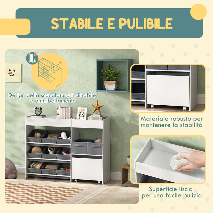 Mobile Portagiochi per Bambini 105x30x80 cm con 11 Cestini in Tessuto Armadietto e Ripiani in MDF Bianco