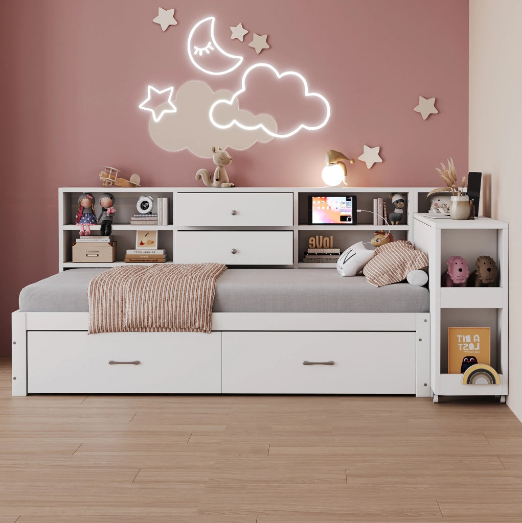 Letto singolo 90x200 cm in legno bianco con scrivania estraibile, cassetti e USB