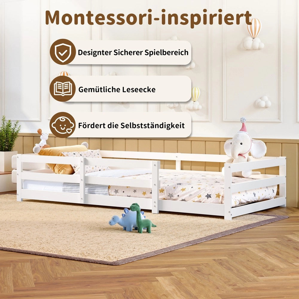 Letto Montessori con Sponda ¨C MINIMAL ¨C Pino Massello, Bianco, 90x200