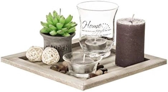 Tavolo decorativo quadrato in legno con accessori candela