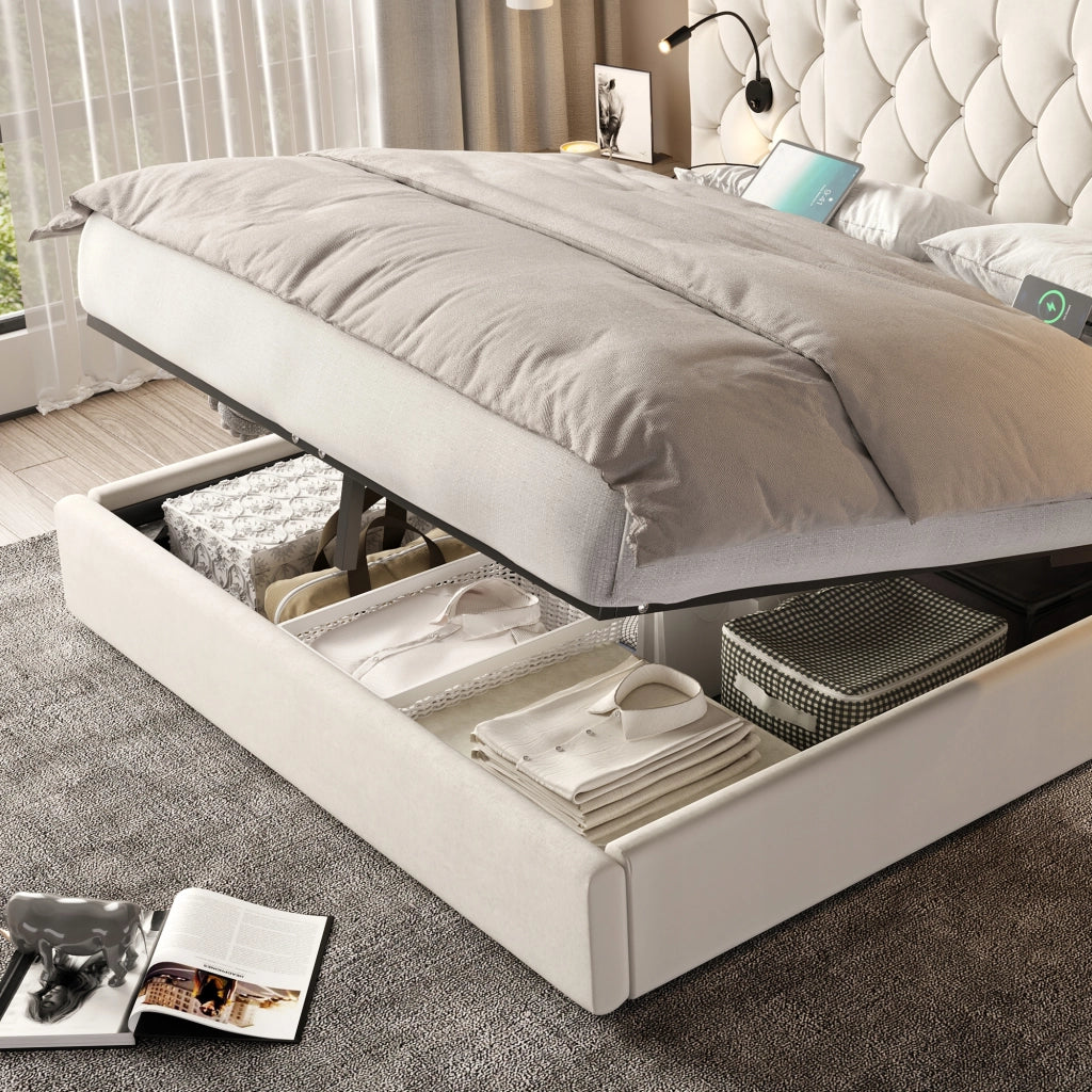 Letto matrimoniale con testiera lunga - Xylo - 160x200 - Beige - Velluto, USB, luce, idraulica