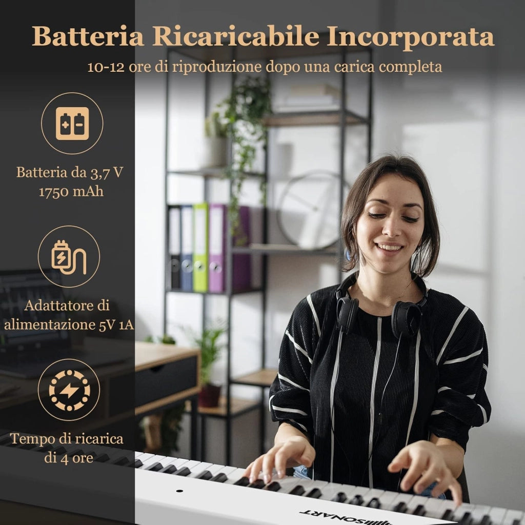 Tastiera Elettronica 88 Tasti Illuminati, Pianoforte Digitale Pieghevole Portatile con Custodia, Sustain Pedali, Modalità di Insegnamento, MP3/USB/MIDI/Bluetooth (Bianco)