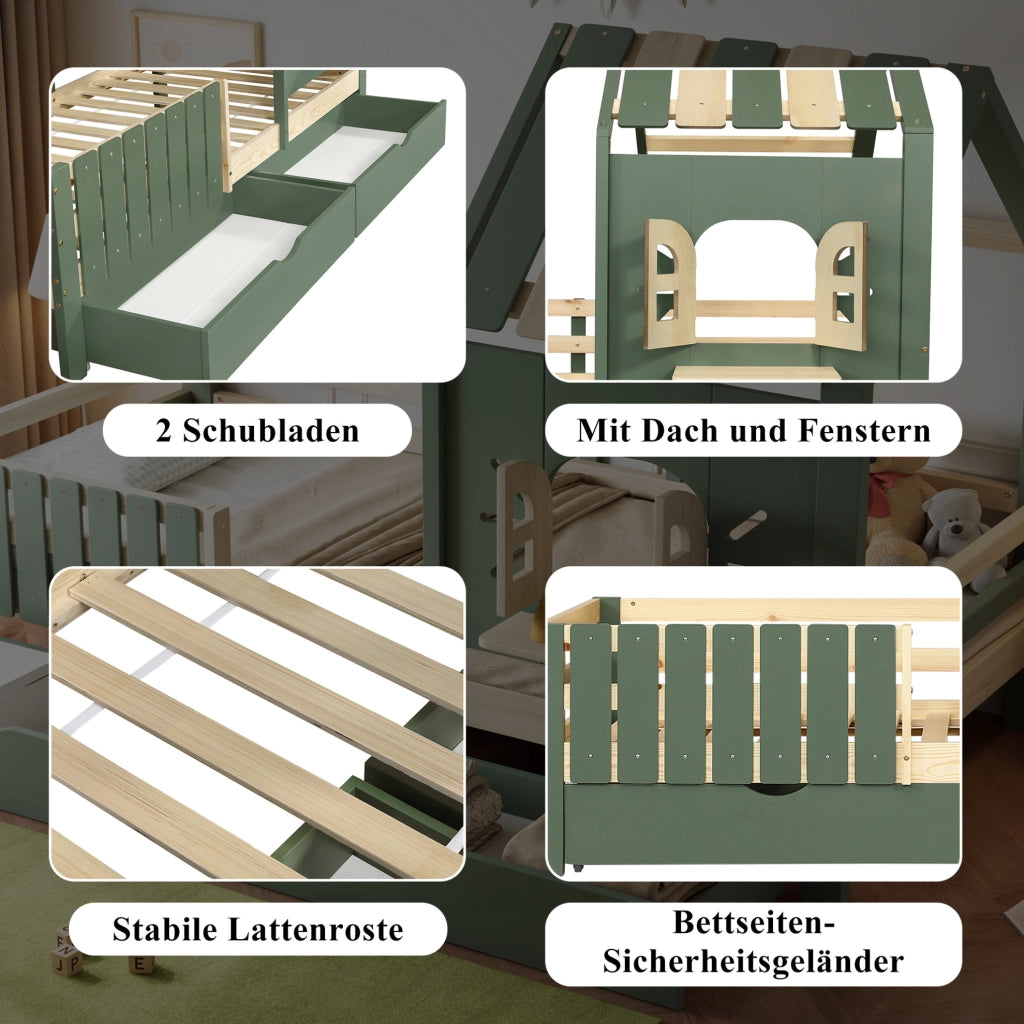 Letto a casetta per bambini verde naturale 90x200 cm