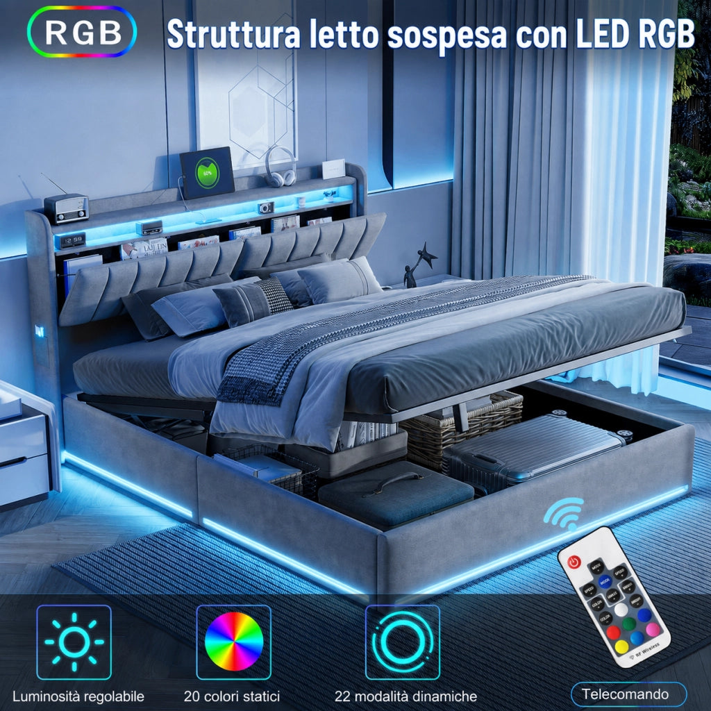 Letto matrimoniale con contenitore idraulico 160x200 cm, velluto grigio, testiera con vani, LED RGB, porte USB‑C e USB