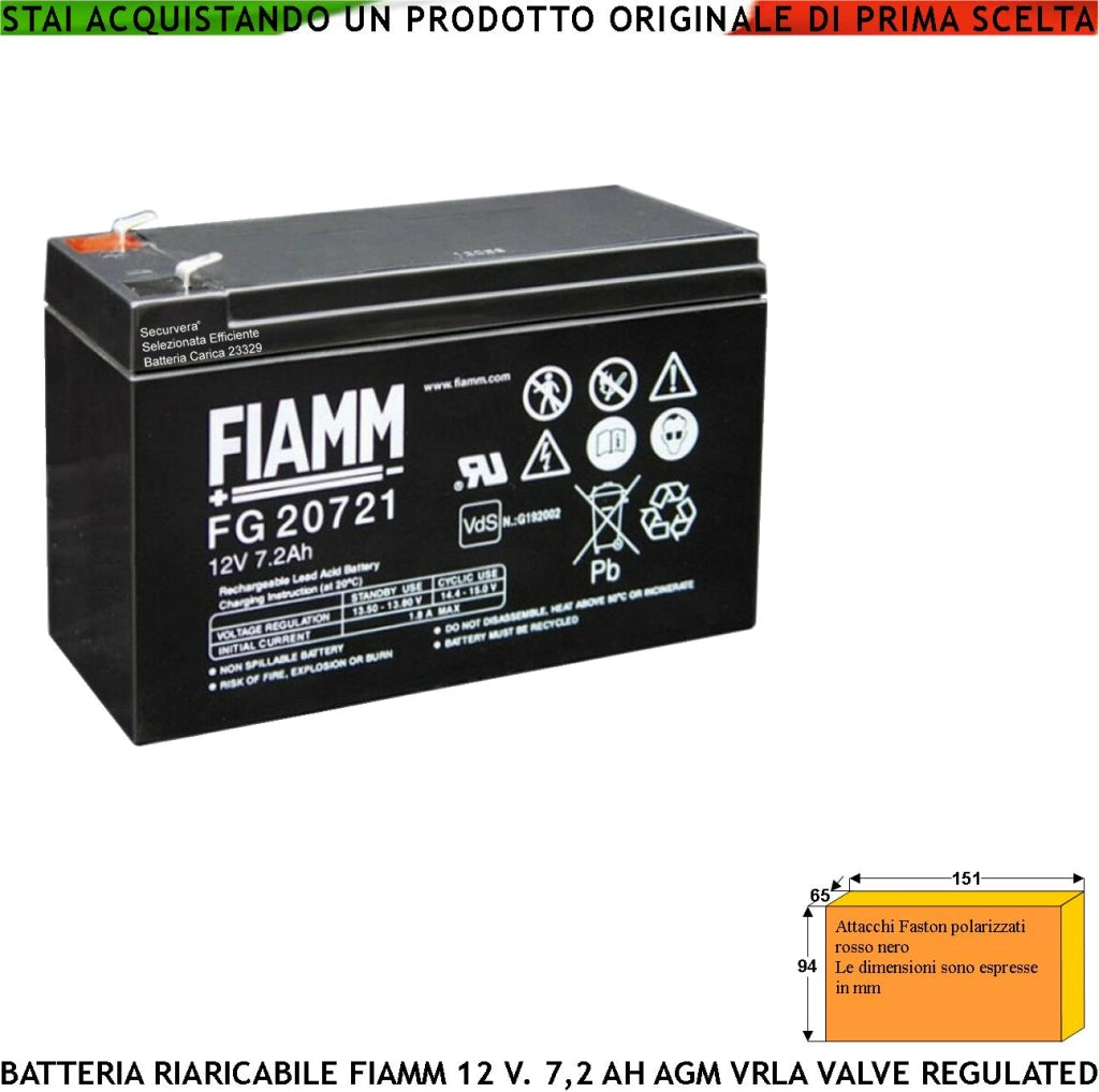 Batteria Accumulatore 12 V 7,2 Ah Collegamento Tramite 2 Faston 5 mm Polarizzati Ermetica AGM VRLA Valve Regulated Selezionata da Securvera Caricata Marca Fiamm PRC FG 20721 Misure L151XP65XH94 mm