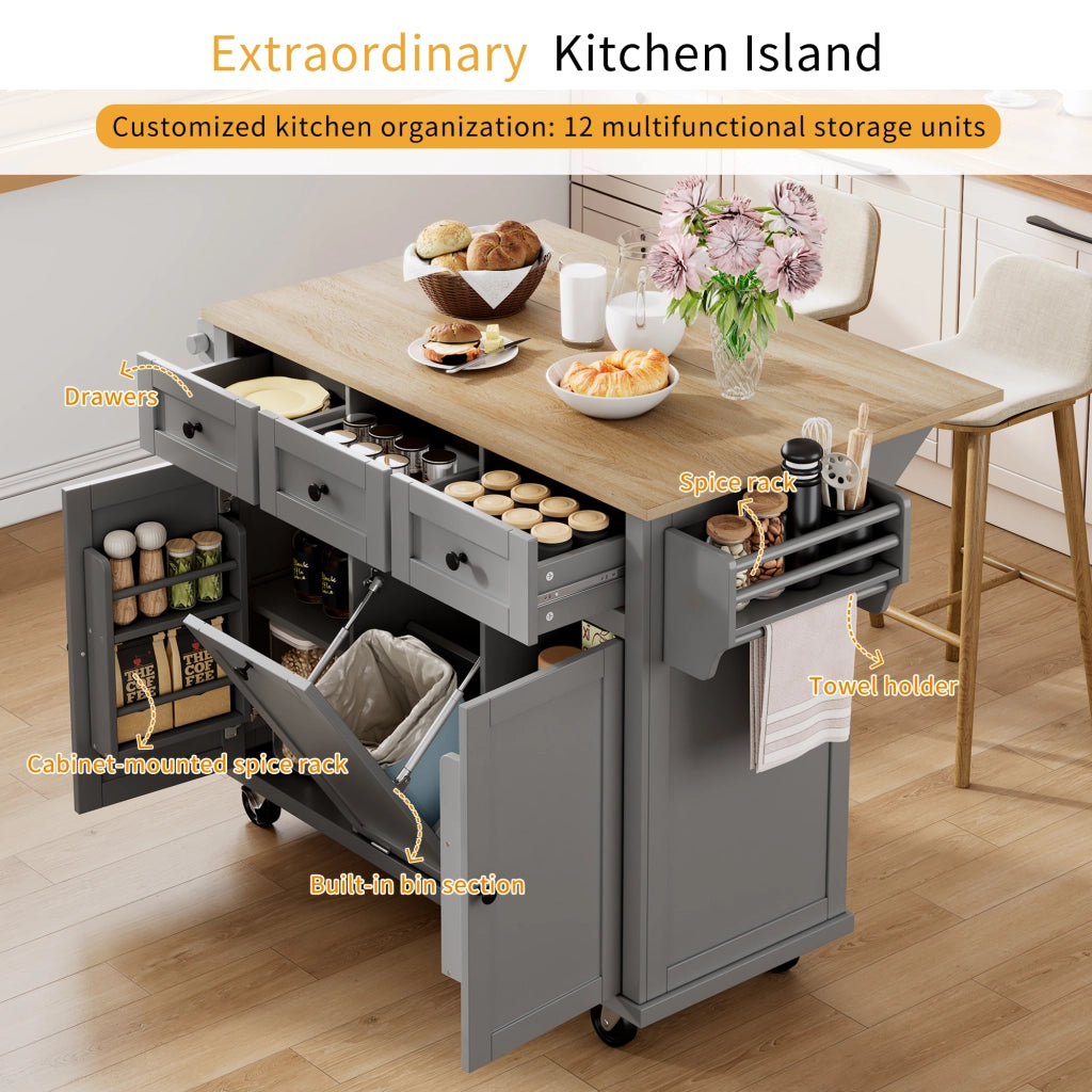 OKWISH Carrello da cucina con 2 cassetti, piano pieghevole, vano per rifiuti e portasalviette, 112 x 46.2 x 92.7 cm