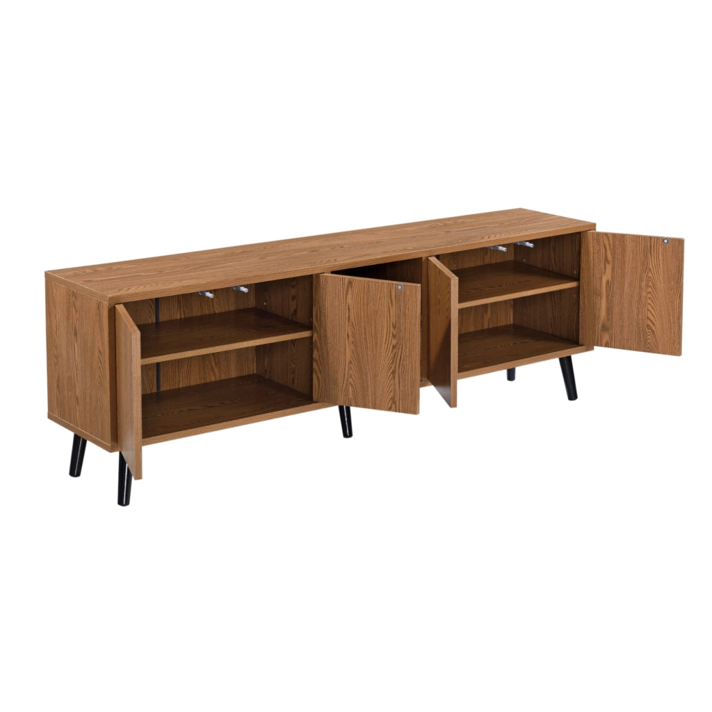 Mobile Porta TV con 5 Ante e 1 Scomparto, Apertura Push-to-Open Mobiletto Multiuso per Camera/Ufficio Armadietto su Piedini in Legno Massiccio Consolle 140x30x45,5 cm - Effetto Legno Scuro