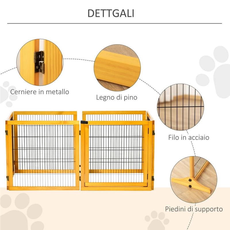 CANCELLETTO PER CANI DI PICCOLA/MEDIA TAGLIA IN LEGNO E ACCIAIO CON 6 PANNELLI PIEGHEVOLI, 432X36X70CM