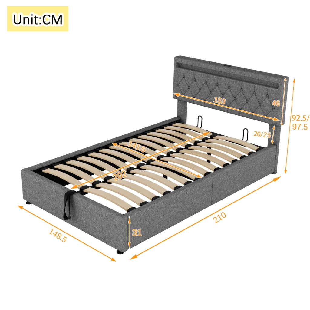 Letti contenitori 140x200 cm; LED e vano contenitore; lino grigio