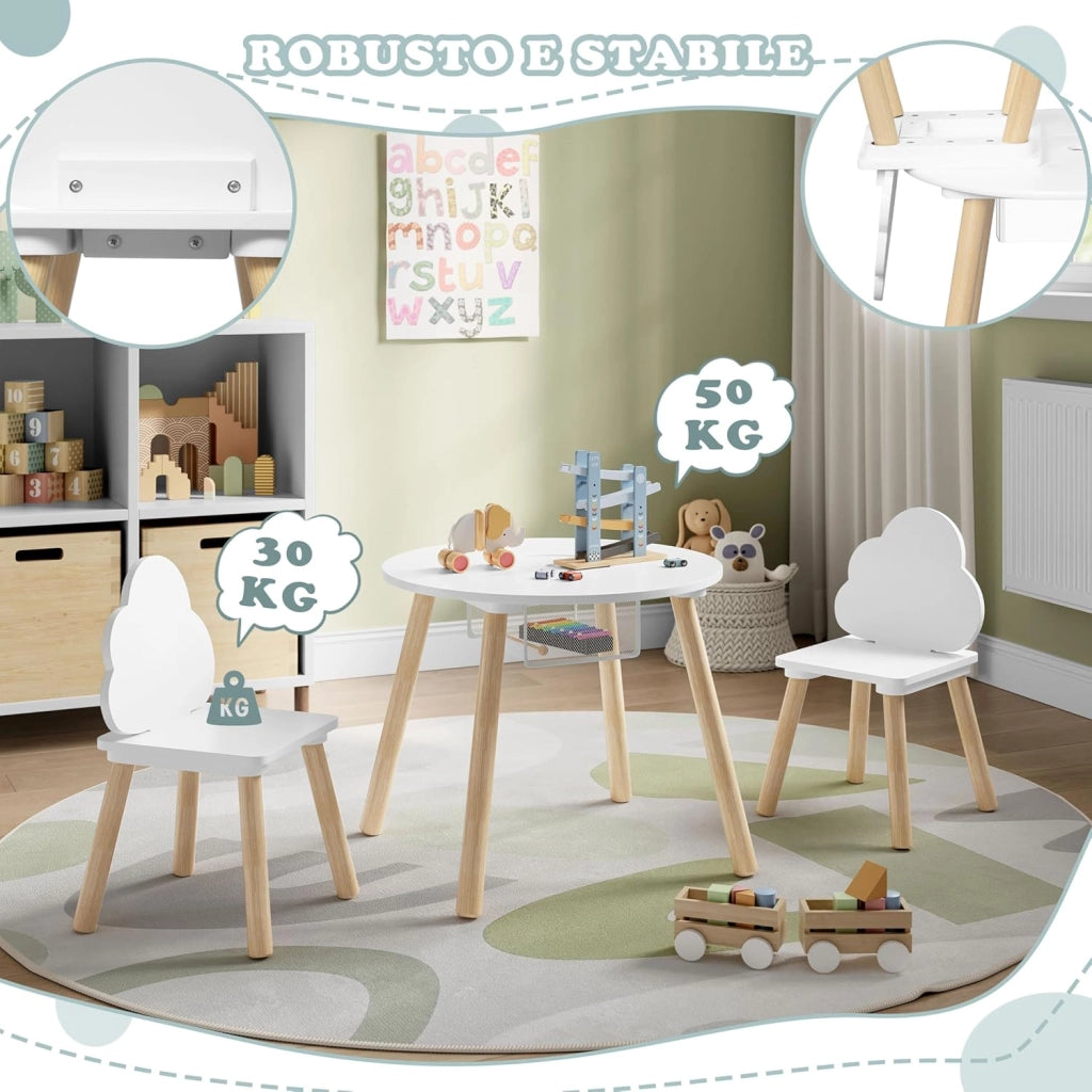 Set di Tavolo e Sedie per Bambini, Rotondo in Legno Con 2 Sedie, Tavolino a 3 Pezzi per Asilo Nido, Bianco