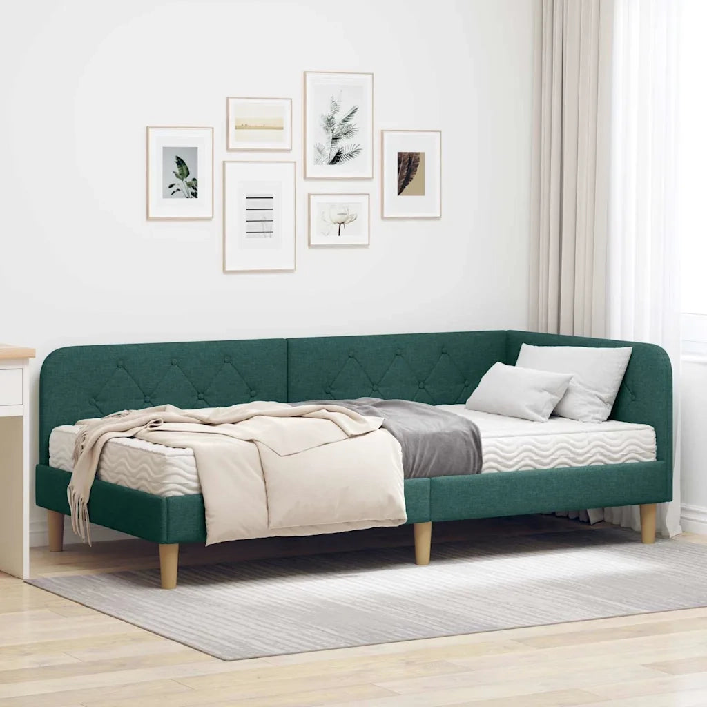 Cornice del letto ad angolo Verde Scuro 90 x 200 cm Tessuto