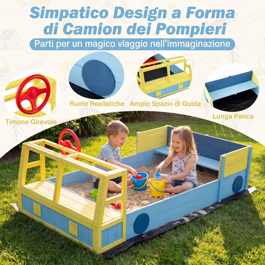 Sabbiera per Bambini in Legno, Gioco da Spiaggia a Forma di Autopompa con Panca, Volante Orientabile e Rivestimento, Sabbiera da Esterno per Giardino Cortile, 18+ Mesi