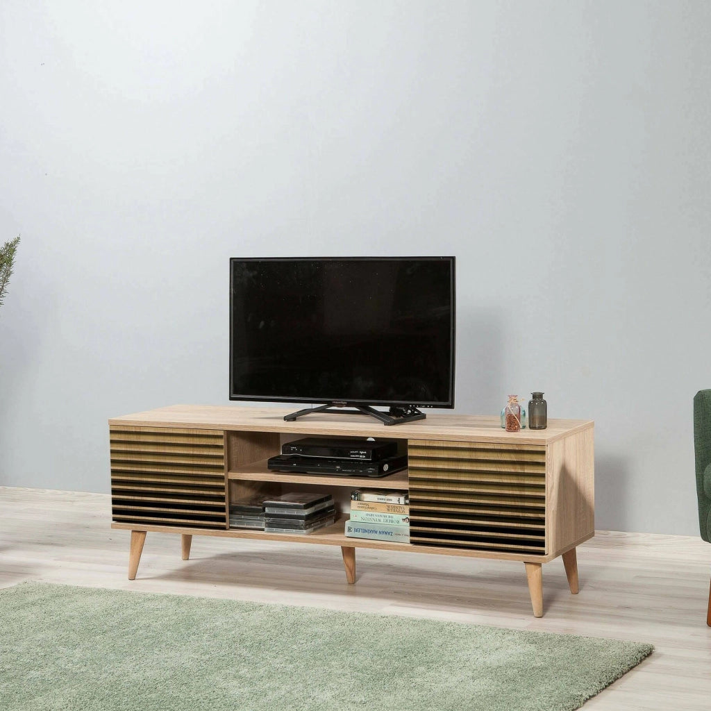Mobile porta TV Enrica, Credenza da soggiorno, Armadio basso per TV, Base parete attrezzata, 140x40h50 cm, Quercia