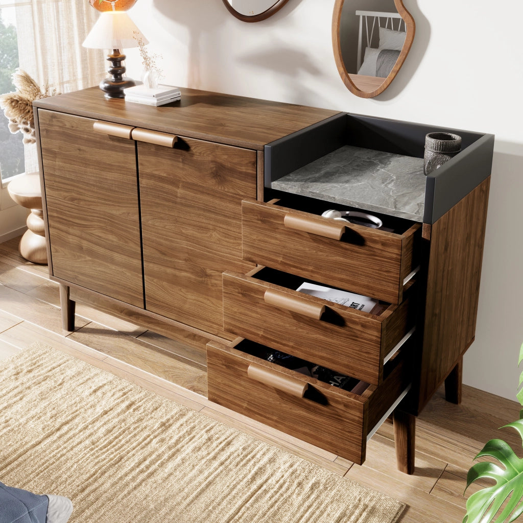Credenza con 3 Cassetti; Vano a Giorno e 2 Ante; Ripiano Regolabile; Effetto Marmo; in Legno e Metallo; Rovere Scuro; 120×40×77 cm