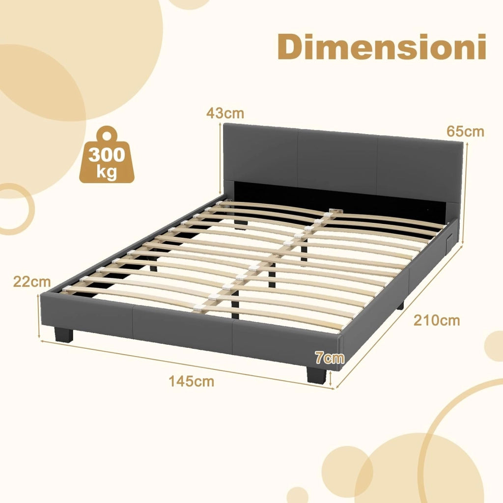 Letto Matrimoniale in Legno, Struttura per Letto Con Testiera Imbottita Luce LED Multicolore e Telecomando, Carico 200 kg, Silenzioso (Grigio)