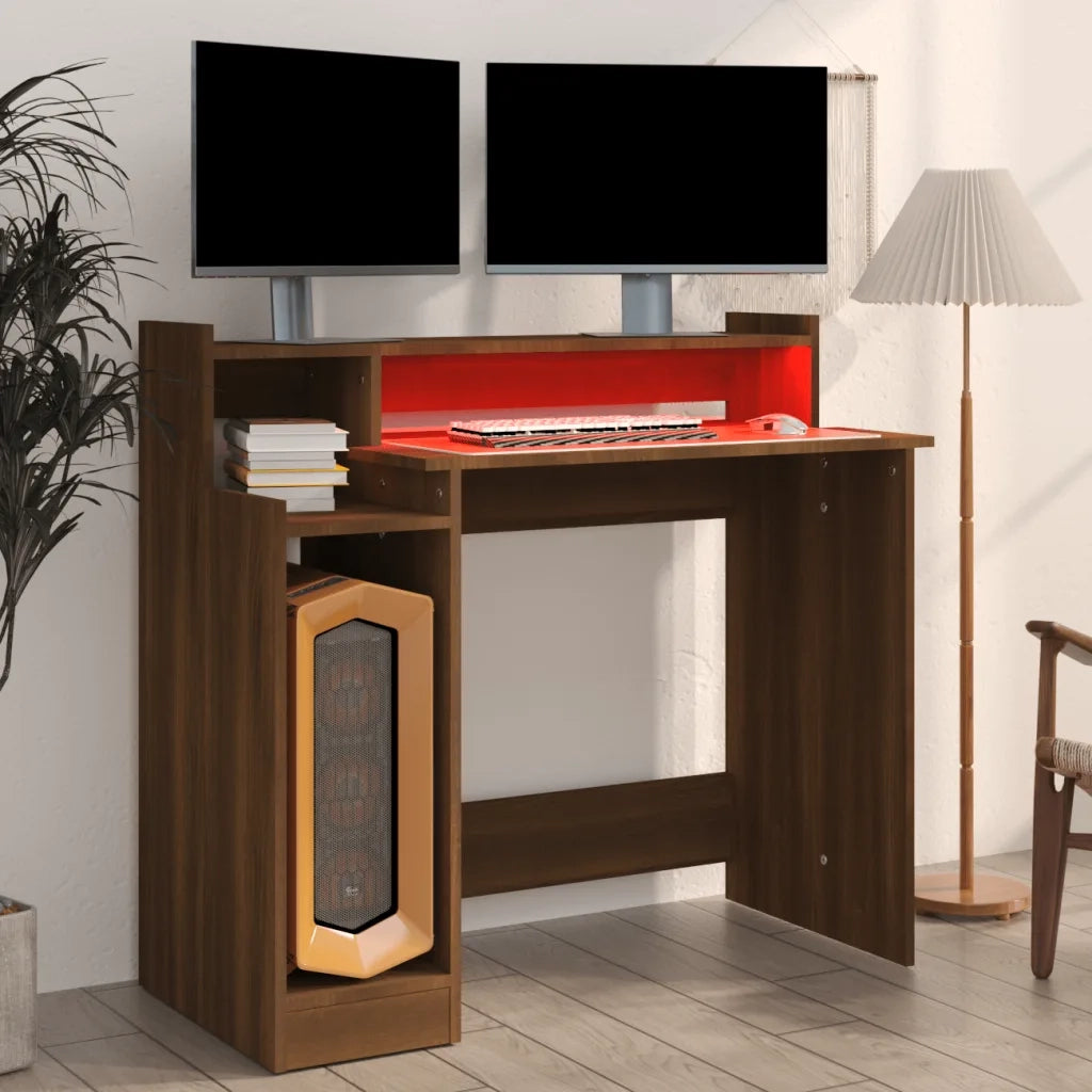 Scrivania con Luci LED Marrone Rovere 97x45x90cm in Multistrato 820477