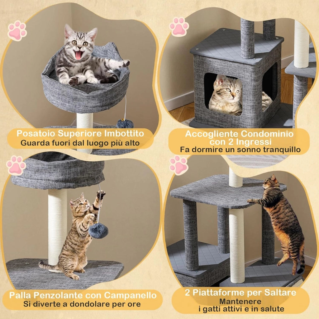 Tiragraffi per Gatto Alto 117 cm, Albero Tiragraffi Gatto con 5 Piattaforme, 2 Pali Sisal e Pallina Pompon, Torre Tiragraffi per Gatti con Grotta e Trespolo, Grigio