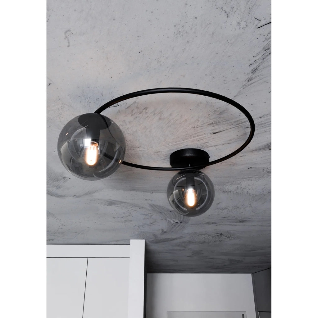 Plafoniera Minimal 2 Luci Perseo In Acciaio Nero E Sfere In Vetro Fumè