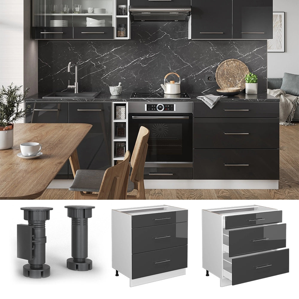 Mobiletto base per cucina Fame-Line Antracite lucido/Bianco 80 cm con 3 cassetti, senza piano di lavoro Vicco