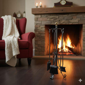 Set Camino 4 Pezzi con Pomolo decorativo in Ottone in Ferro Verniciato Grigio Martellato