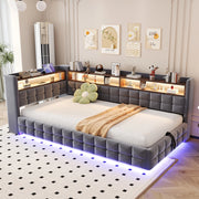 DESMIU Letto singolo 90 × 200 cm 1 piazza con vano idraulico, ripiani, LED, USB e Type-C, senza materasso, in velluto grigio