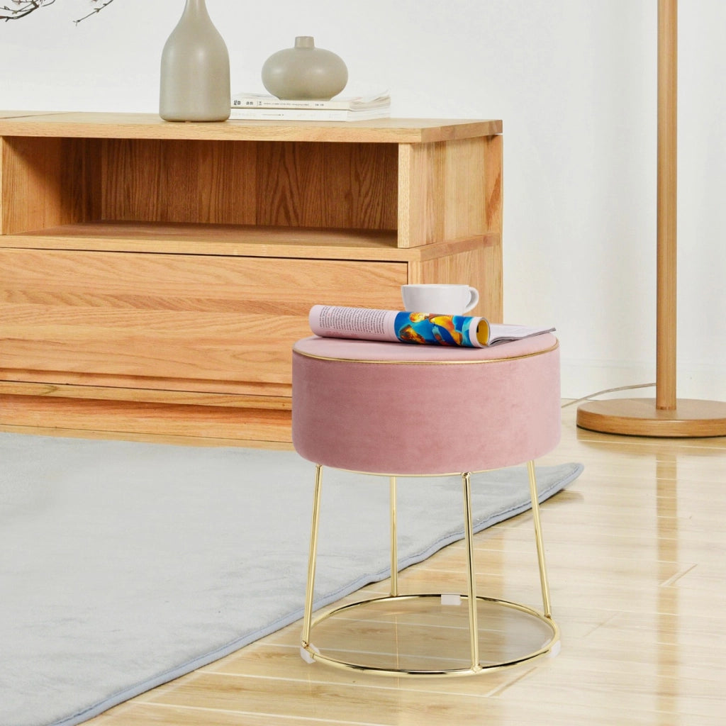 Pouf rotondo in velluto con base in metallo sedile imbottito spesso e piedini antiscivolo, Sgabello da trucco Rosa-Sgabelli