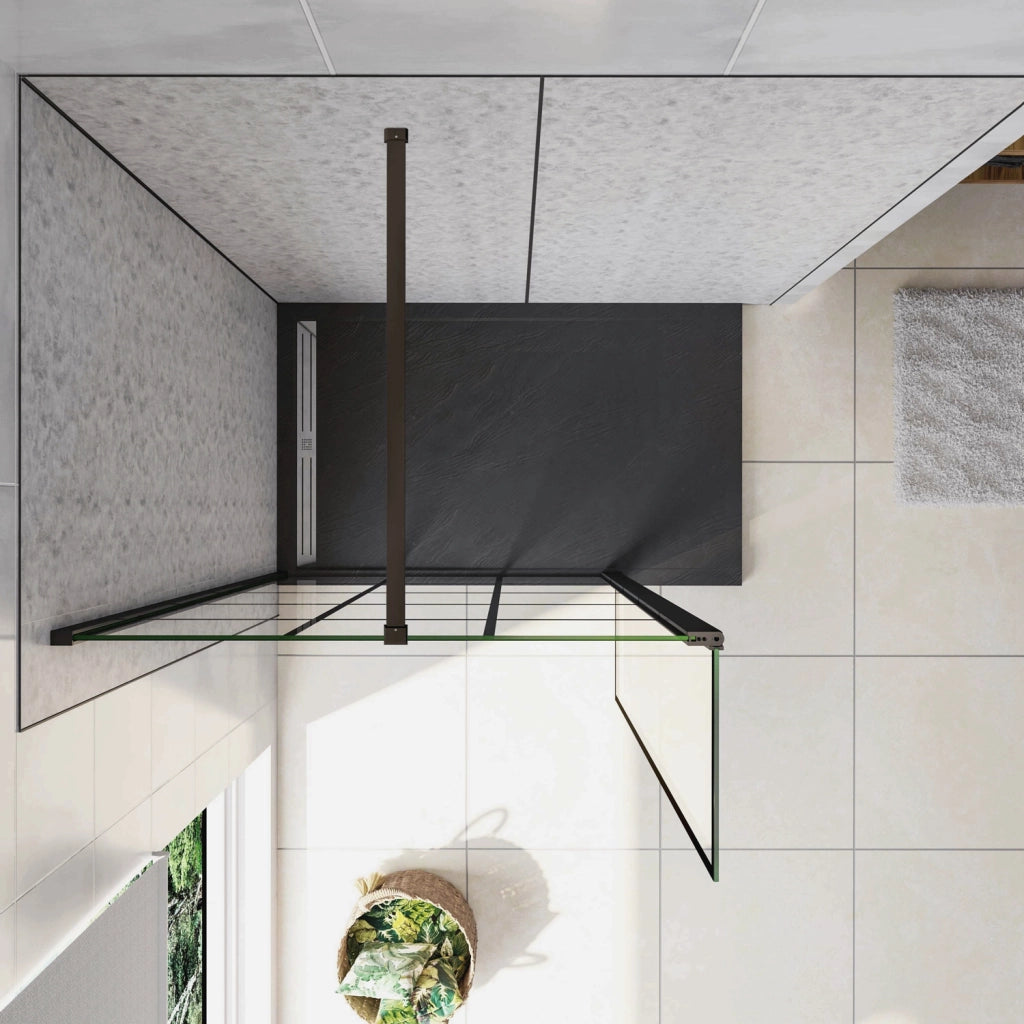 Box Doccia Parete Fissa 80x200cm con Paraspruzzo 30cm Vetro 8 mm Temperato Anticalcare Serigrafia Riquadri Neri Barra Stabilizzatrice Piatta 90 cm