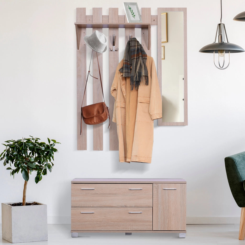 Set Ingresso con Specchio Appendiabiti Scarpiera 3 Ganci Ripiani e 2 Cassetti ¨C Zephmum ¨C Rovere