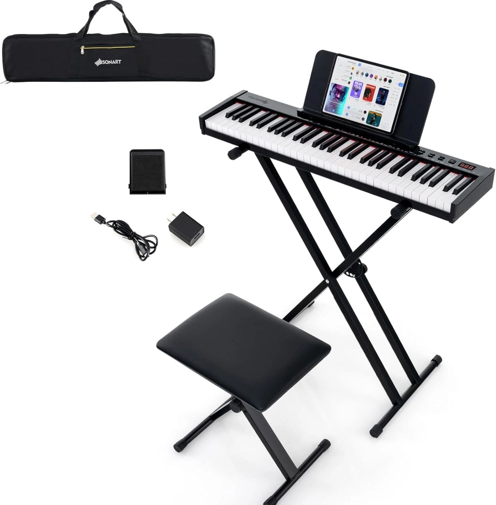 Pianoforte Digitale 61 Tasti Semi-Ponderati, Tastiera Musicale con Supporto e Sgabello, Digial Piano con Tasti Semi-Pesati, Funzione Audio MIDI Wireless, Leggio, Pedale di Sustain e Borsa