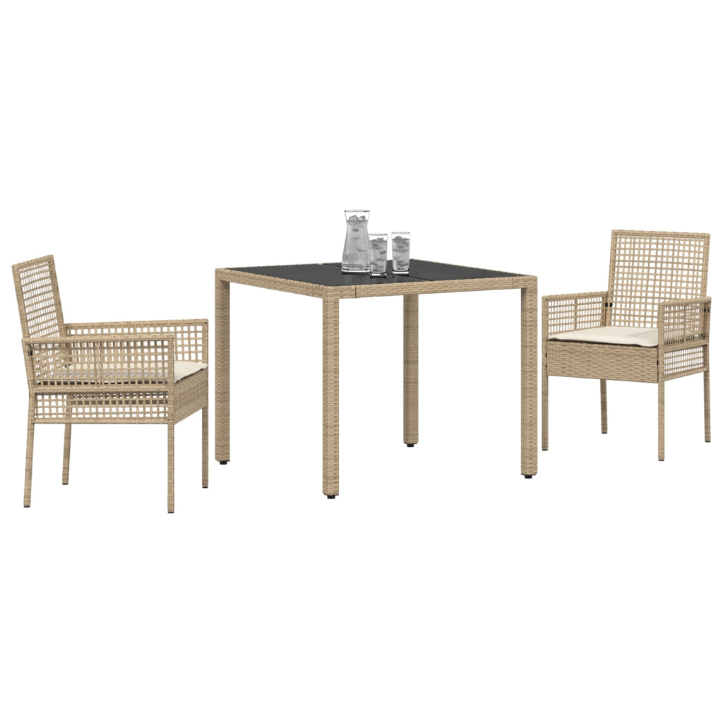 Set da pranzo da giardino 3 pezzi con cuscini in polyrattan beige