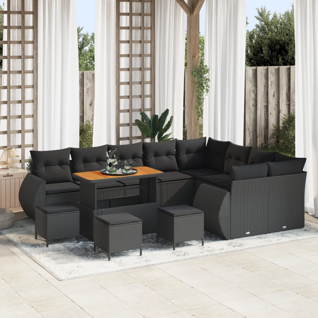 Set di divano da giardino 13 pezzi con cuscini Nero Polyrattan Acacia