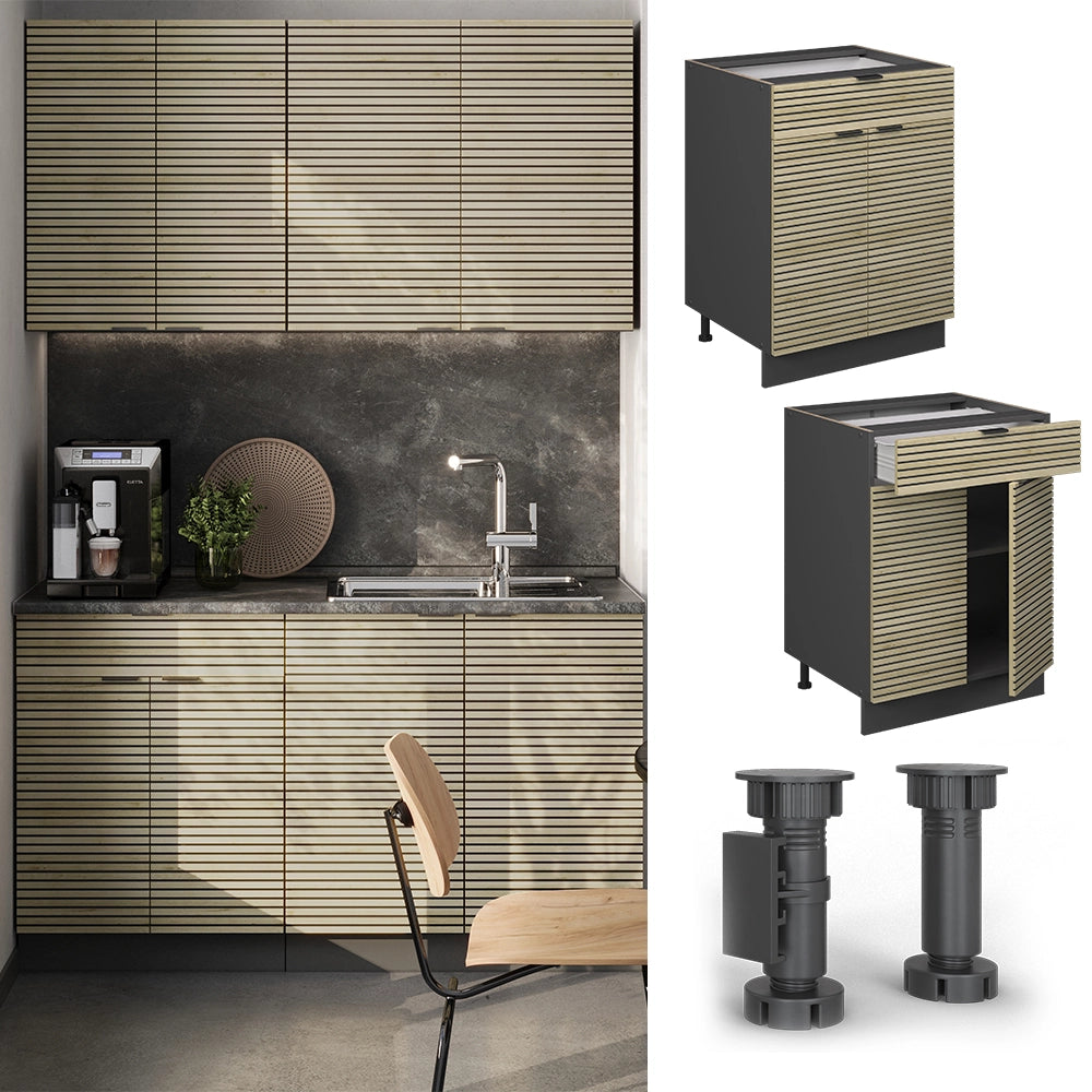 Mobiletto base per cucina Fame-Line Pannello in quercia/Antracite 60 cm con cassetto, PL Rovere Vicco