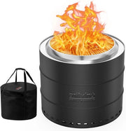 Fuocherino da Campeggio Portatile Senza Fumo 50cm - Acciaio Inossidabile - Con Maniglia Removibile e Tasca di Ricarica - Cestini a Fiamma Circolari per Picnic Giardino Terrazza Campeggio - Nero