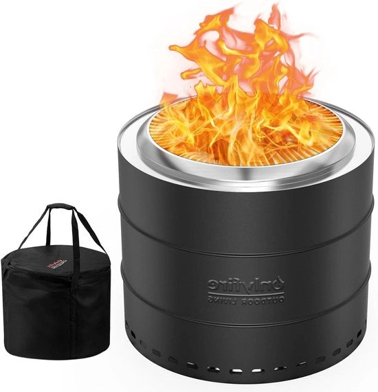 Fuocherino da Campeggio Portatile Senza Fumo 50cm - Acciaio Inossidabile - Con Maniglia Removibile e Tasca di Ricarica - Cestini a Fiamma Circolari per Picnic Giardino Terrazza Campeggio - Nero